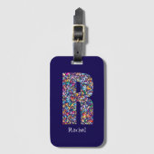 Étiquette À Bagage Vert violet jaune floral Monogramme initial R bleu (Devant Vertical)