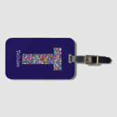 Étiquette À Bagage Vert violet jaune floral Monogramme initial T bleu (Devant Horizontal)