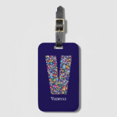 Étiquette À Bagage Vert violet jaune floral Monogramme initial V bleu (Devant Vertical)