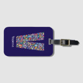 Étiquette À Bagage Vert violet jaune floral Monogramme initial V bleu (Devant Horizontal)