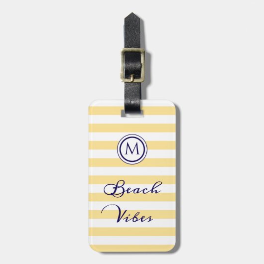 Étiquette À Bagage Vibes de Plage Rayé Jaune Blanc Monogramme (Devant Vertical)