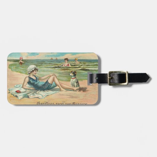 Étiquette À Bagage Victorian Beach Swim Girl Ocean Summer Vacances (Devant horizontal)