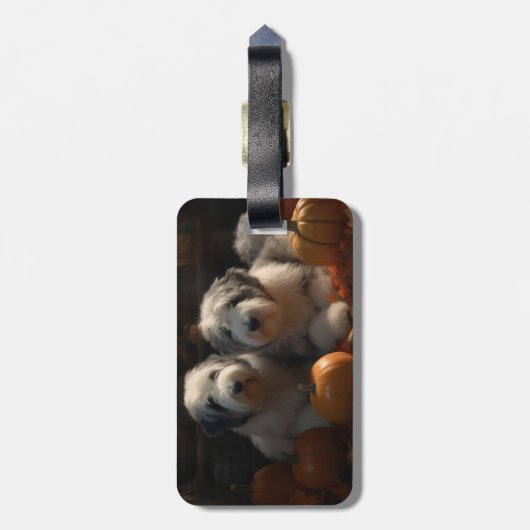 Étiquette À Bagage Vieux anglais Sheepdog Chiot Chiot Automne Citroui (Dos Vertical)