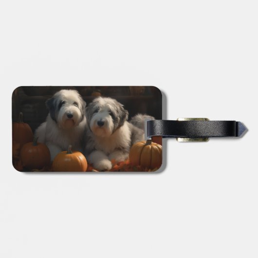 Étiquette À Bagage Vieux anglais Sheepdog Chiot Chiot Automne Citroui (Dos horizontal)