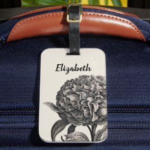Étiquette À Bagage Vintage Fleur de pivoine Élégant Monochrome Botani