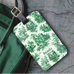Étiquette À Bagage Vintage Floral Vert Toile Jouy Monogramme