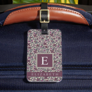 Étiquette À Bagage Vintage Gris Floral Fleurs violettes foncées