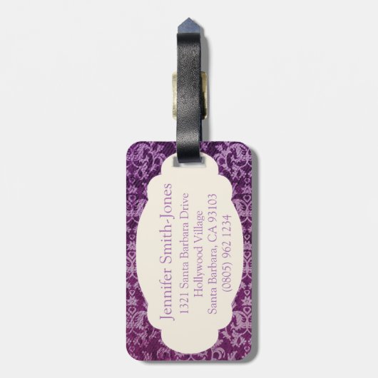 Étiquette À Bagage Violet et crème à motifs botaniques (Dos Vertical)