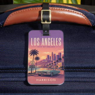 Étiquette À Bagage Violet Personnalisé Nostalgique USA Los Angeles Ca