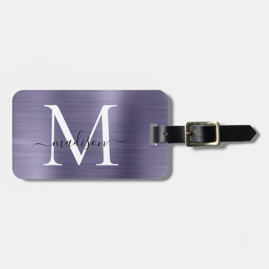 Étiquette À Bagage Violet violet violet brossé métal Script Monogramm (Devant horizontal)