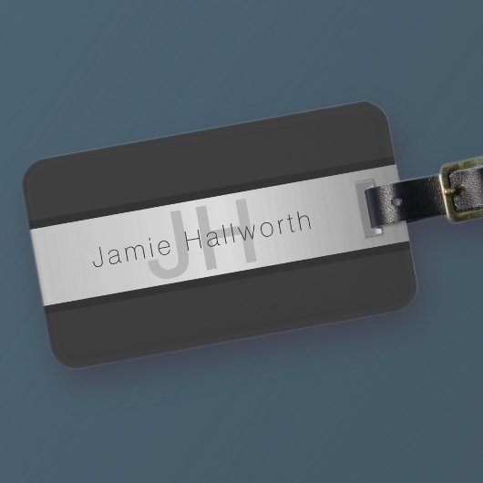 Étiquette À Bagage Votre nom et votre monogramme | Gris & Faux Silver