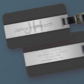 Étiquette À Bagage Votre nom et votre monogramme | Gris & Faux Silver