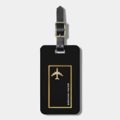 Étiquette À Bagage Voyage faux or avion personnalisable noir (Devant Vertical)