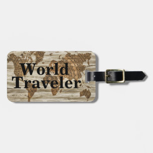 Étiquette À Bagage Voyageur vintage et nom du monde de carte du monde
