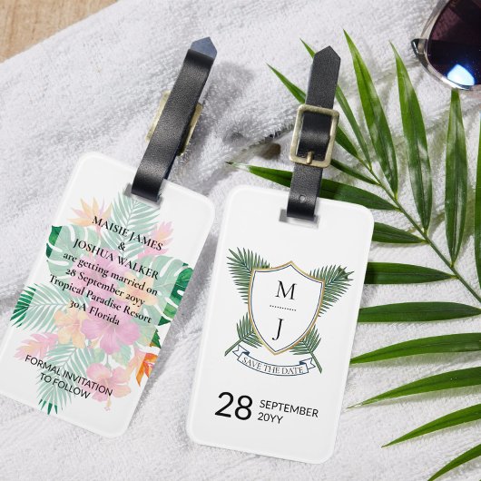 Étiquette À Bagage Wedding Crest Save the Date Palm and Hibiscus