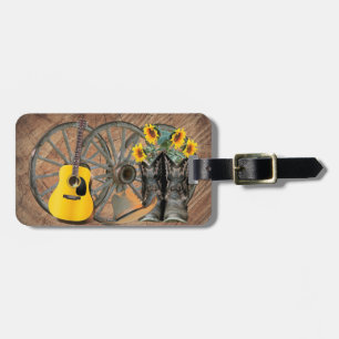 Étiquette À Bagage Western Wagon Wheel Guitar Cowboy bottes tournesol