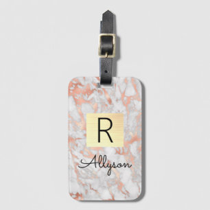 Étiquette À Bagage Wh & Rose Gold Marble Gold Box, Nom et Monogramme