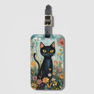 Étiquette À Bagage Whimsical Black Cat avec illustration Fleur sauvag
