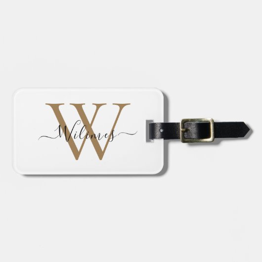 Étiquette À Bagage White Gold Monogram Script Name Stylish (Devant horizontal)