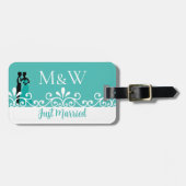 Étiquette À Bagage White Swirls Bride Groom Turquoise mariage élégant (Devant horizontal)