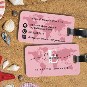 Étiquette À Bagage World Traveller Pink Map Modern Girl Monogramme No