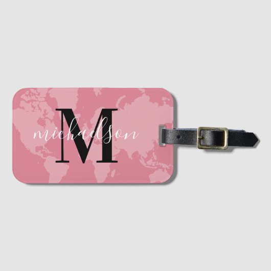 Étiquette À Bagage World Traveller Pink Map Nom du monogramme personn (Devant Horizontal)