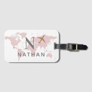 Étiquette À Bagage World Traveller Pink Map Nom du monogramme personn