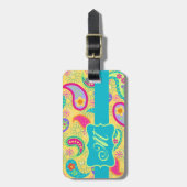 Étiquette À Bagage Yellow Turquoise Moderne Pasley Motif Monogramme (Devant Vertical)