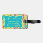 Étiquette À Bagage Yellow Turquoise Moderne Pasley Motif Monogramme (Dos horizontal)