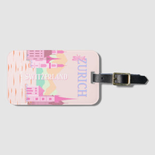 Étiquette À Bagage Zurich Travel Art, Suisse, Pink Retro Travel