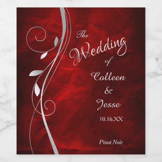 Étiquette à vin Mariage rouge feuille argent (Étiquettes simples)