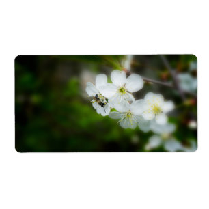 Étiquette Abeille assise sur une fleur blanche