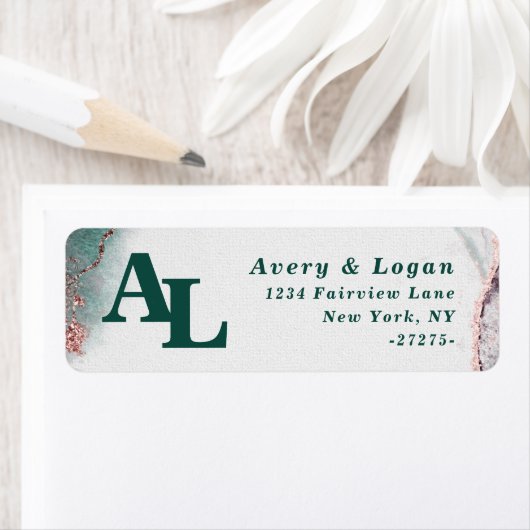 Étiquette Abstrait Emerald Green Monogram Adresse de retour (En situation)