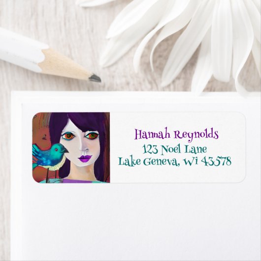 Étiquette Abstraite fille et oiseau pourpre et Turquoise (En situation)