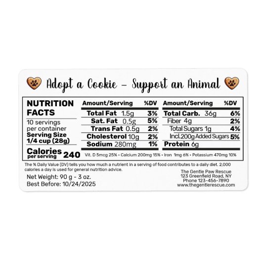 Étiquette Adopt a Cookie Animal Rescue Bake Nutrition Facts (Devant)
