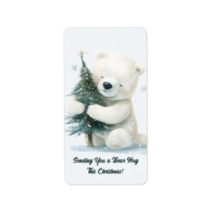 Étiquette Adorable Ours Polaire Accrochant Arbre de Noël, Mi