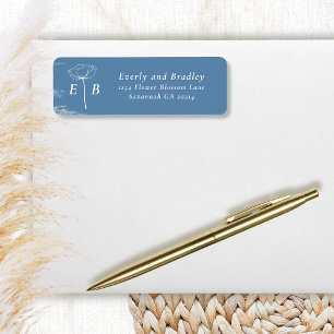 Étiquette Adresse à monogramme floral bleu poudré et blanc