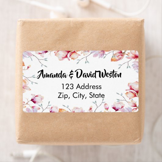 Étiquette Adresse blanche fleurie de magnolia rose (En situation)