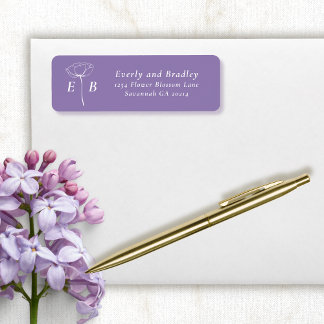 Étiquette Adresse d'accent floral à monogramme blanc violet