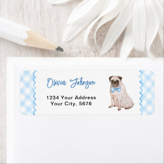 Étiquette Adresse de Baby Shower Chien Gingham Bleu