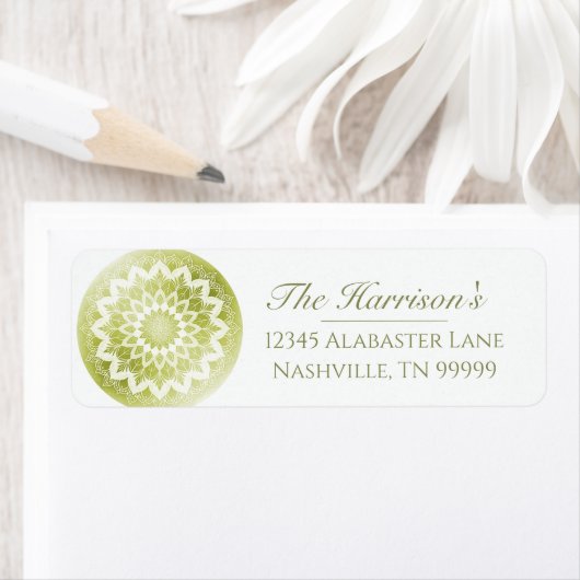 Étiquette Adresse de mariage Mandala à dentelle verte (En situation)
