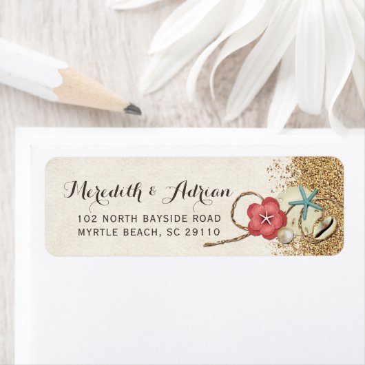 Étiquette Adresse de mariage Sandy Beach Hibiscus & Shells (En situation)