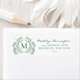 Étiquette Adresse de monogramme à couronne florale vert émer