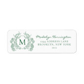 Étiquette Adresse de monogramme à couronne florale vert émer (Devant)