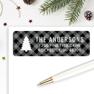 Étiquette Adresse de Noël à carreaux noir gris buffle