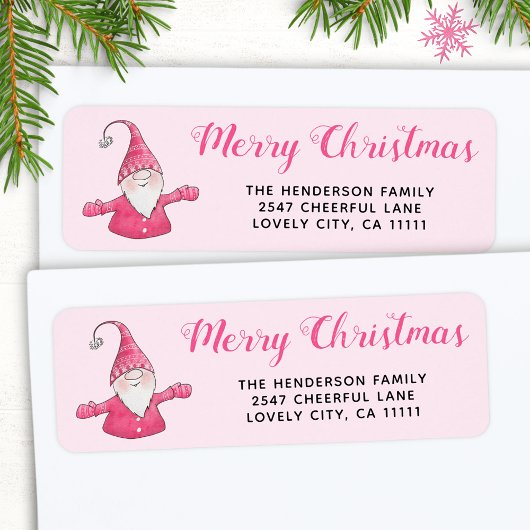 Étiquette Adresse de Noël rose Gnome
