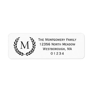 Étiquette Adresse de retour blanche de noir de monogramme de