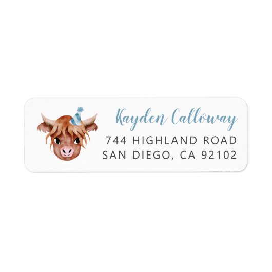 Étiquette Adresse de retour Blue Highland Cow Label (Devant)