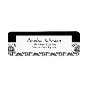 Étiquette Adresse de retour Damas en noir et blanc