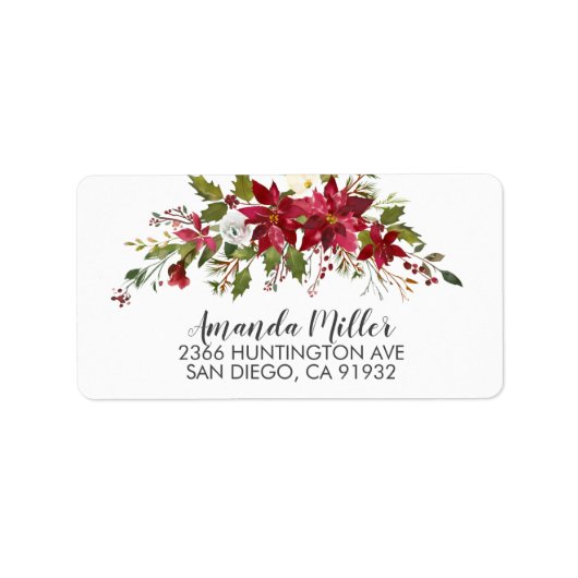 Étiquette Adresse de retour de houx poinsettia rouge (Devant)